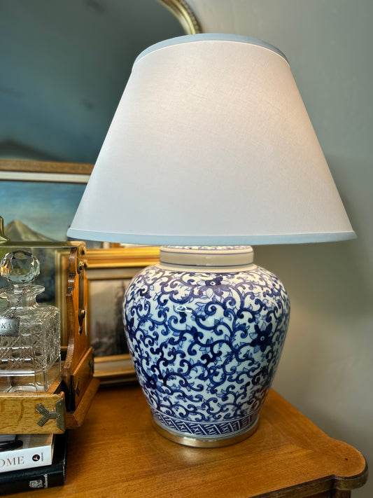 Beautiful Mandarin Blue & White Ginger Jar Lamp by Ralph Lauren, 25"