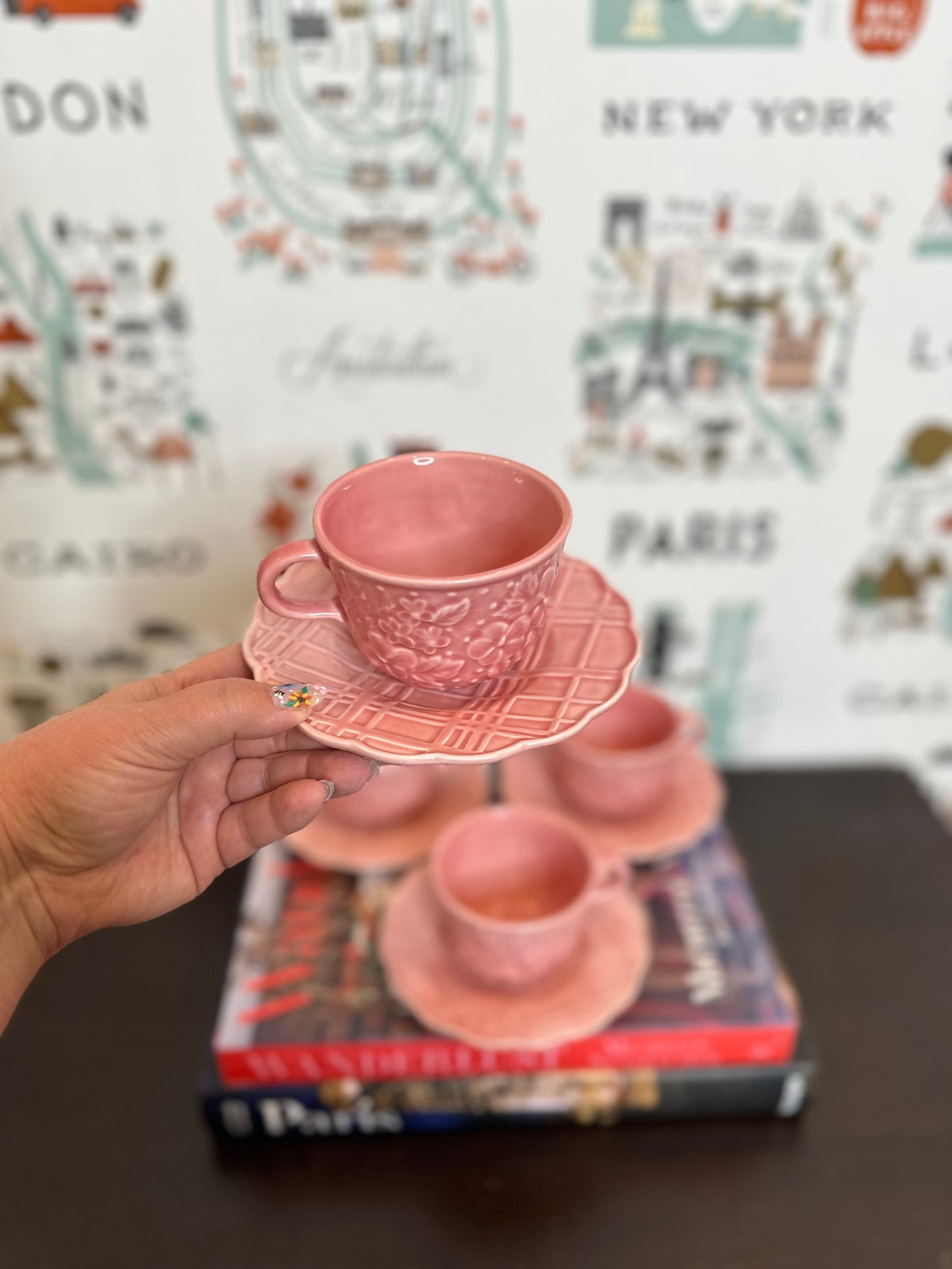 Darling Bordallo Pinheiro Ingrid Pink Tea/Coffee Cups with Saucers, Made in Portugal, Set of 4