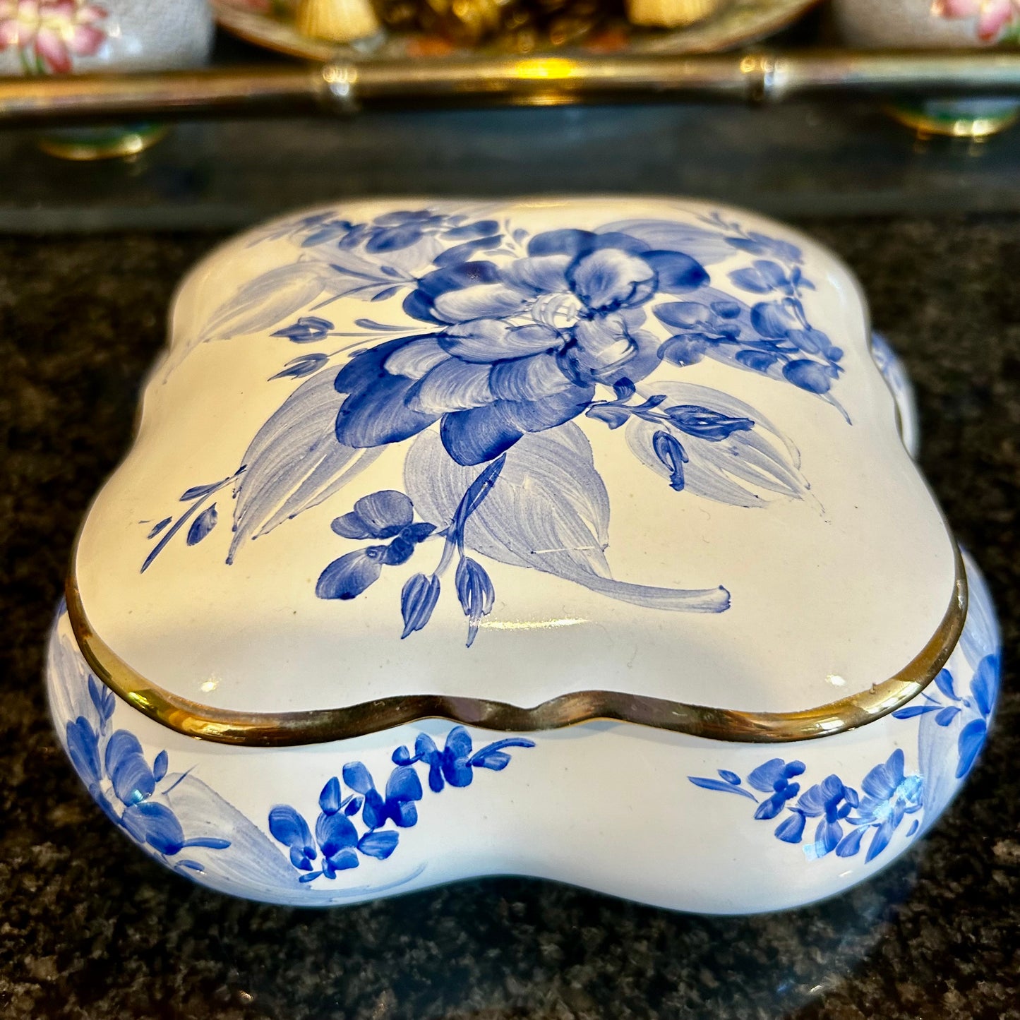 Vintage blue & white floral jewelry box  with lid.