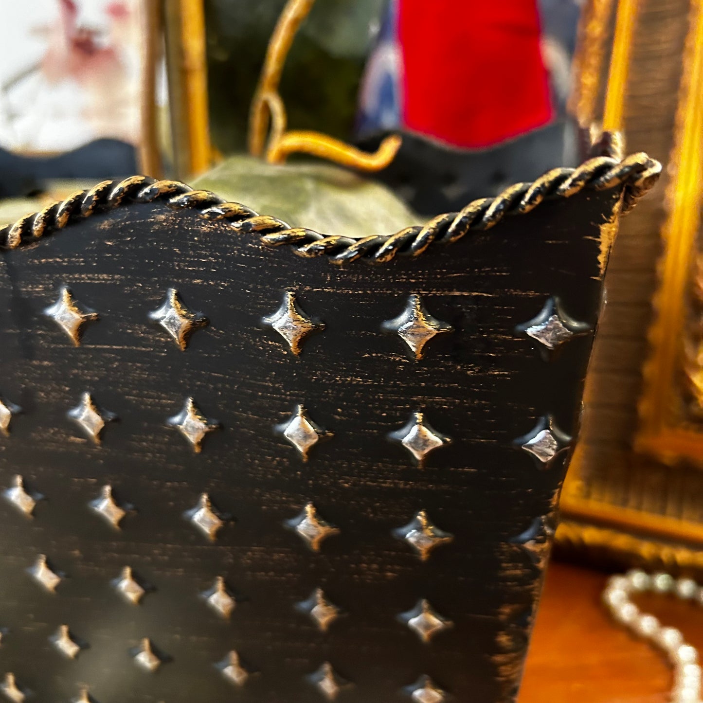 Vintage ebony black & gold tole metal planter centerpiece