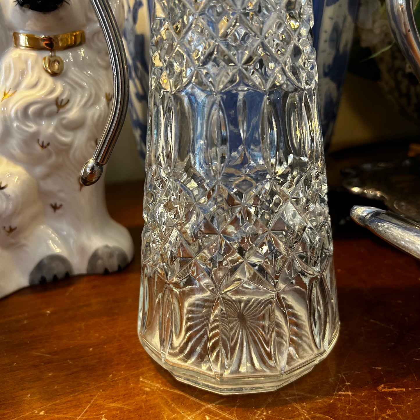 Delightful Baccas Vintage aged silver plate & crystal tall lidded pitcher vase