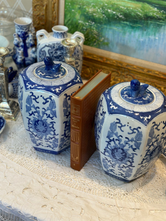 Stunning reproduction pair (2) of blue and white jars with a foo-dog topper, 13” Tall - Pristine!