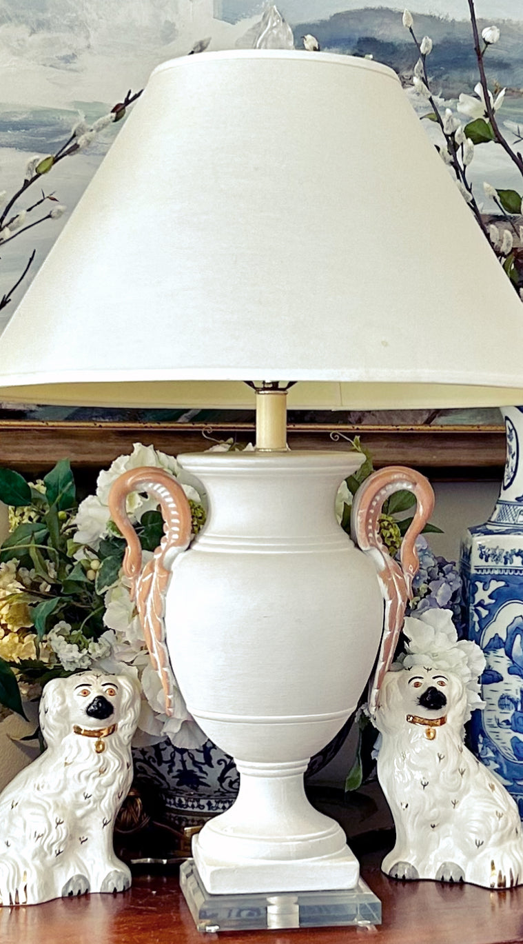 Chic & Stunning swan double handle ceramic  trophy lamp with lucite base. .