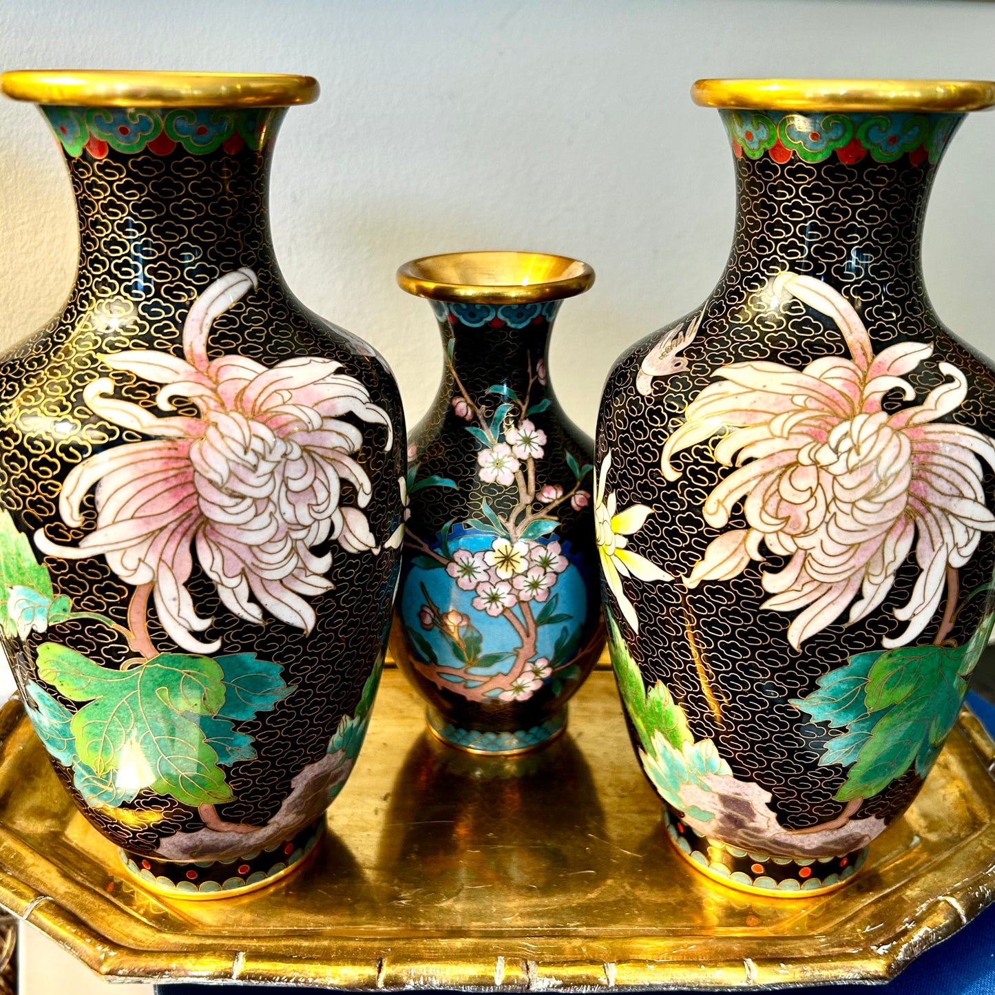 Perfect Pair of vintage brass cloisonné floral  vases.