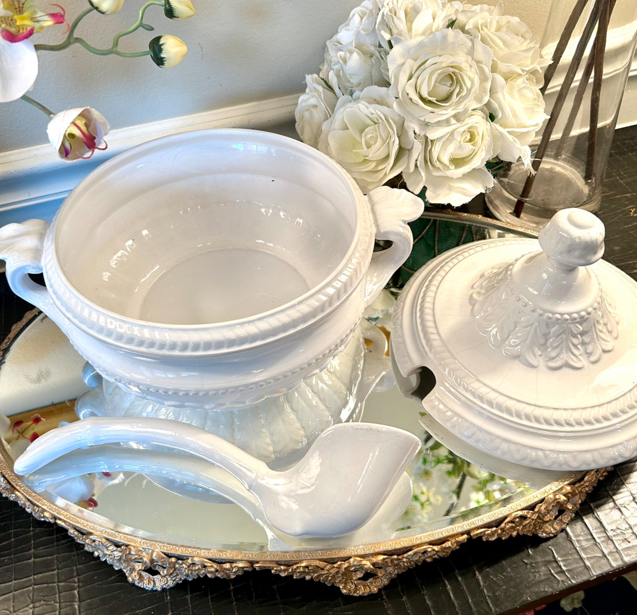 Designer vintage chic white 3 piece tureen planter made in Portugal