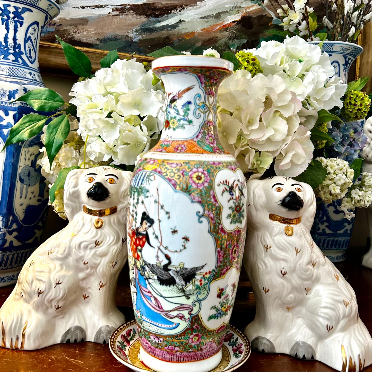 Beautiful Vintage Rose Famille chinoiserie vase 12 in hi