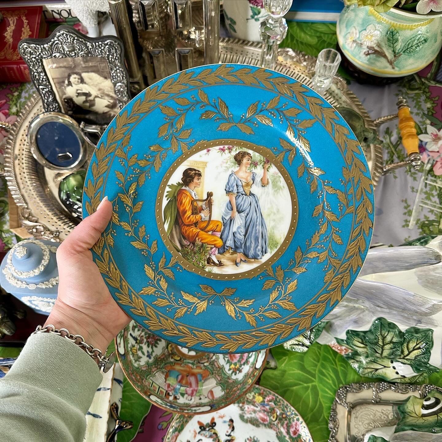 Stunning French Turquoise and Gold Background Plate with Courting Couple in the Garden, 10.5”D.