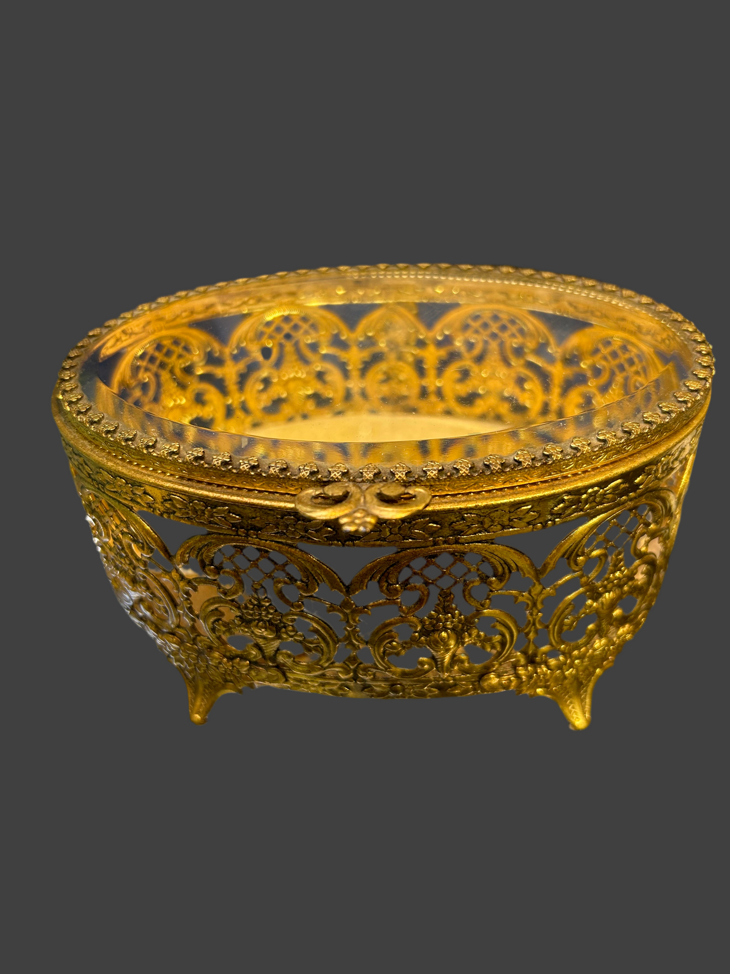 Ornate Brass Mounted Jewelry Casket with Beveled Mirror