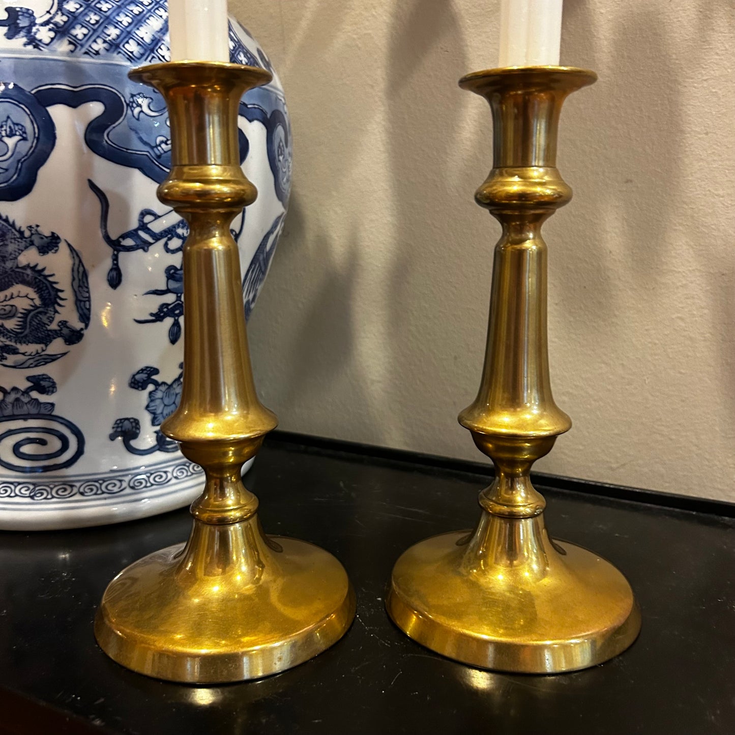 Chic pair of heavy vintage brass candlestick holders 8 in