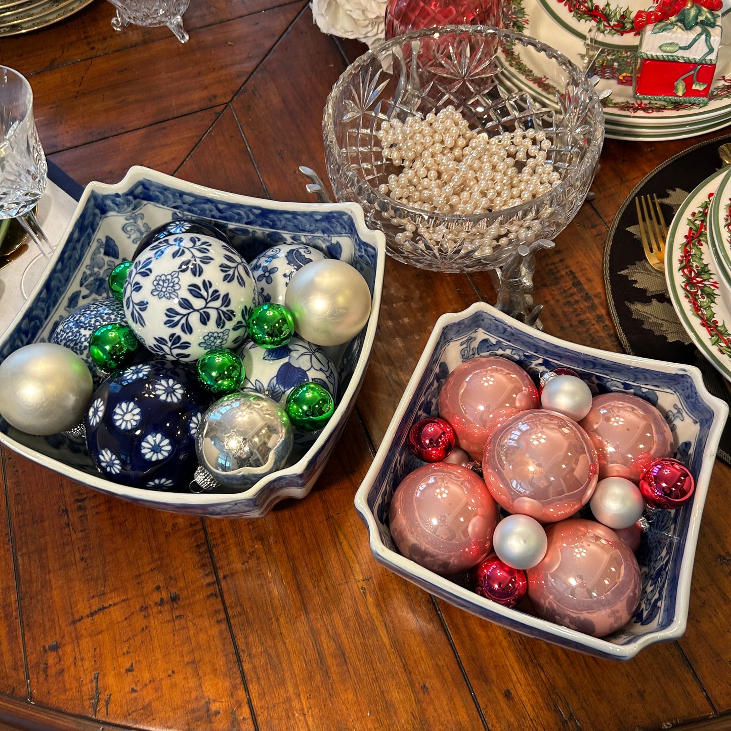 Chic vintage blue & white octagon planter centerpiece bowl