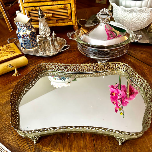 Gorgeous vintage brass claw leg reticulated brass mirrored tray