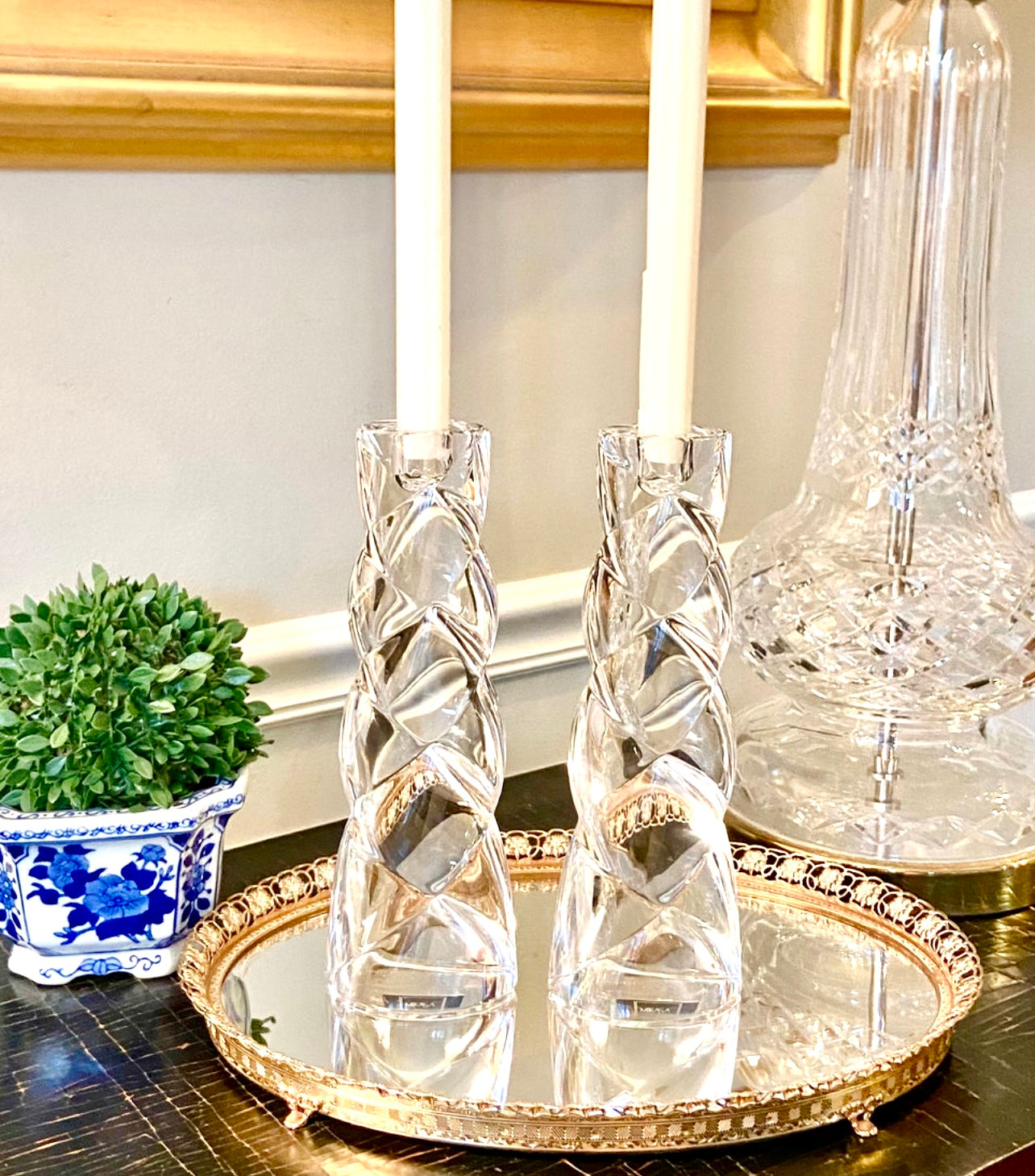 Statuesque pair of designer Mikasa crystal candlesticks, 10” tall