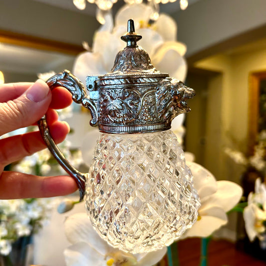 Precious lion head Vintage aged silver plate & crystal tall lidded pitcher vase