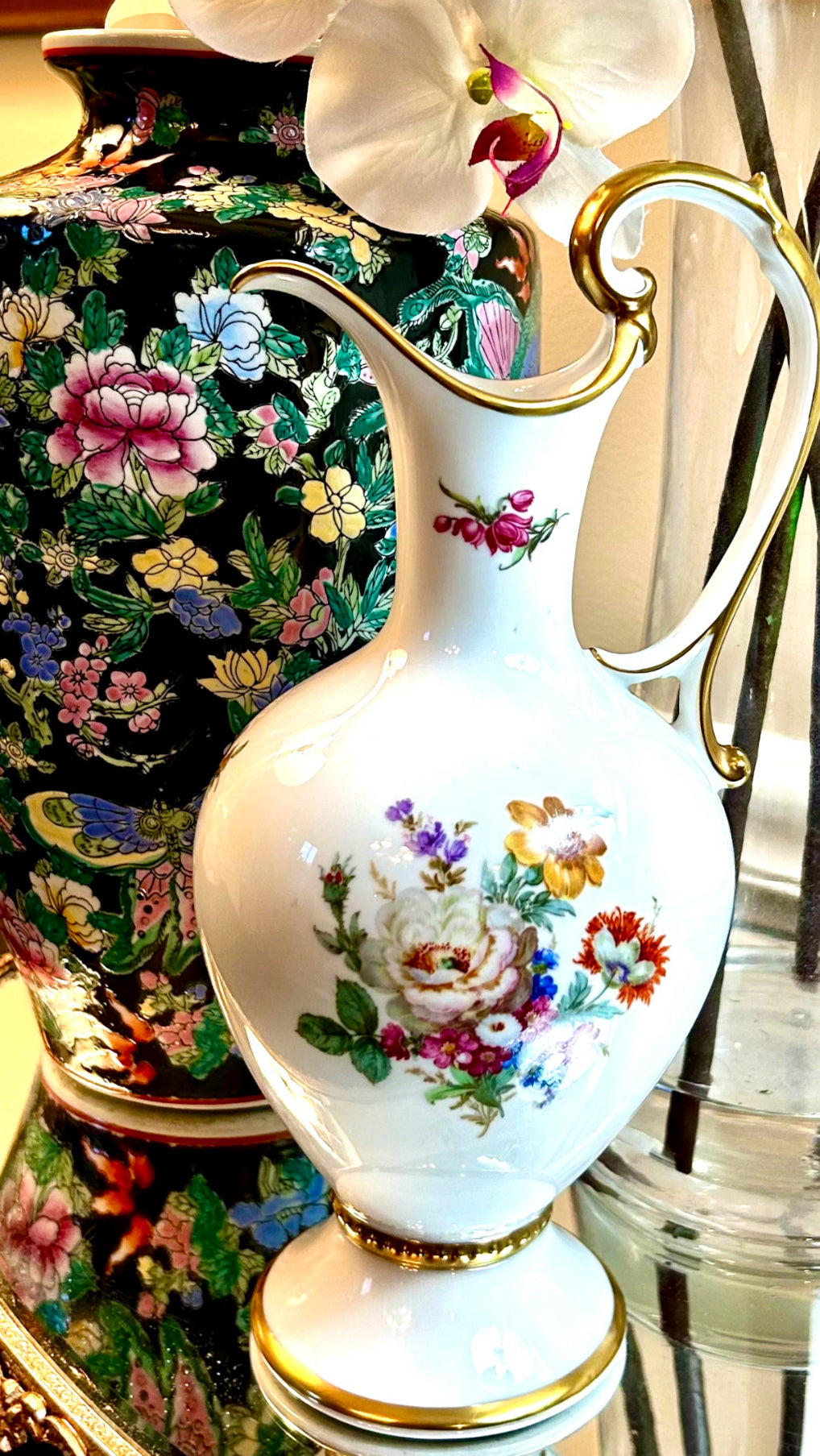 Exquisite antique Bavarian hand painted botanical gold statuesque pitcher vase