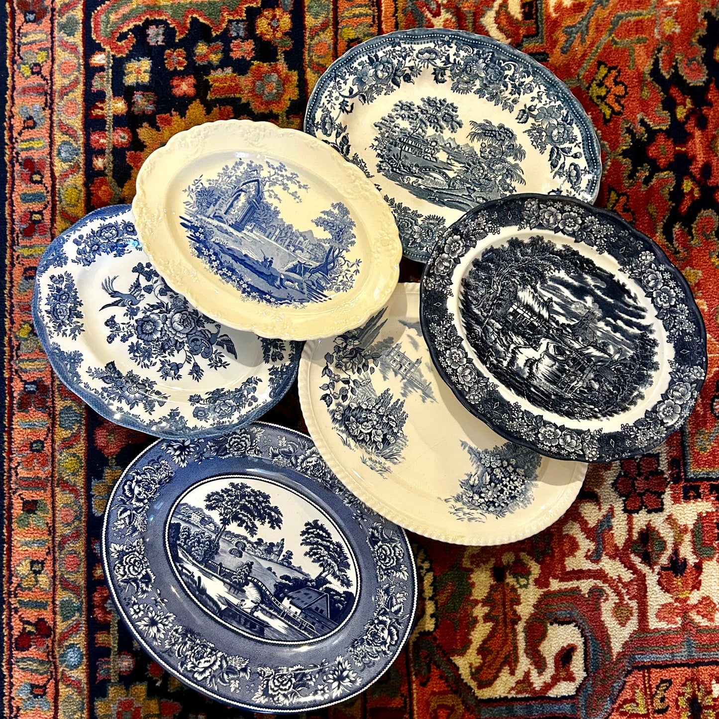 Set of 6 blue & white English oval platters plates