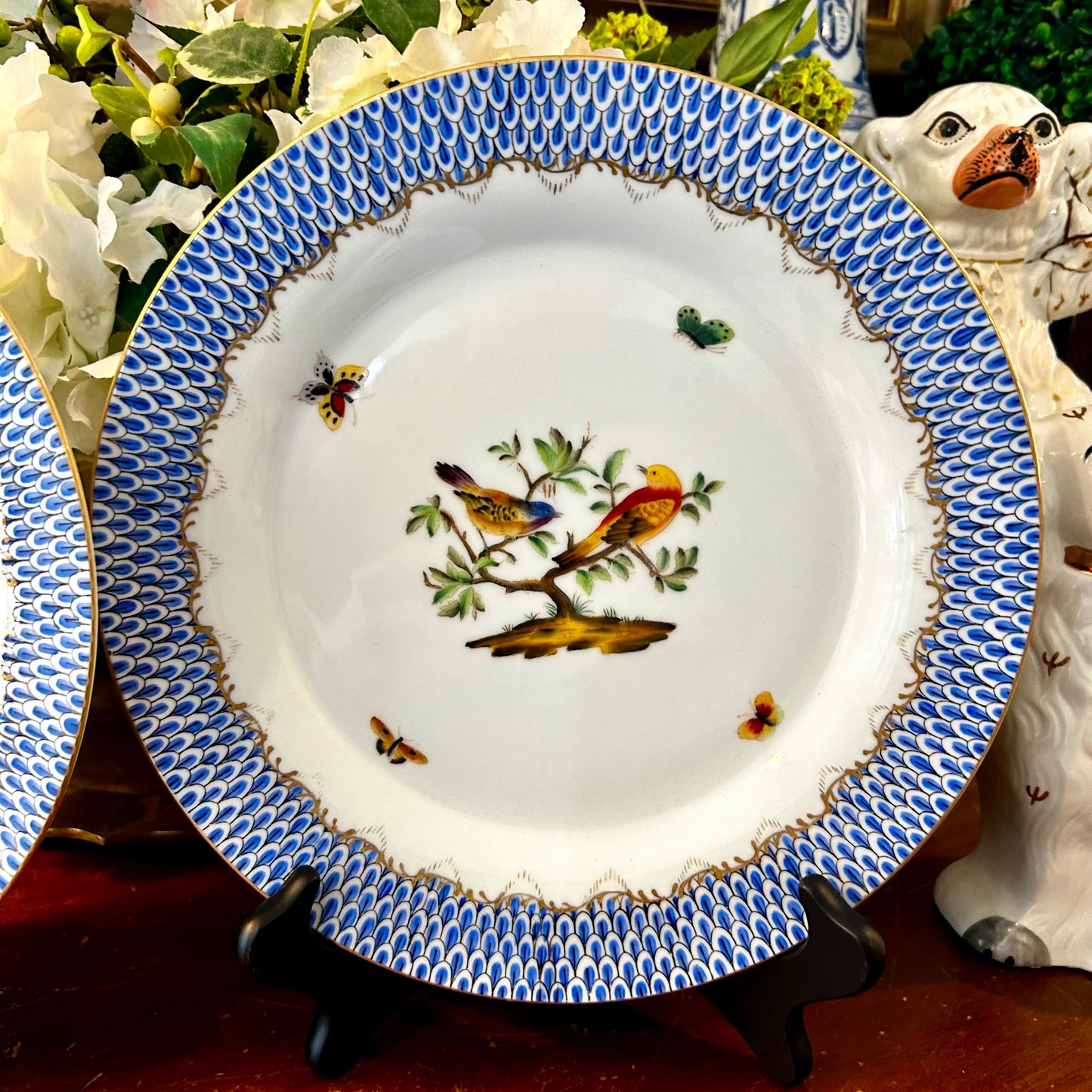 3 Available Gorgeous Large Andrea Sadek Fishnet Blue Banded Dinner Plates w Birds sold each