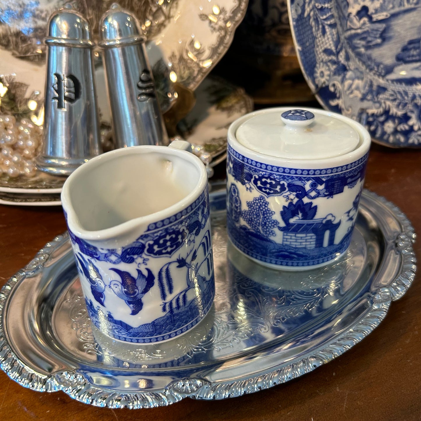 Blue & white porcelain cream and sugar serving pieces