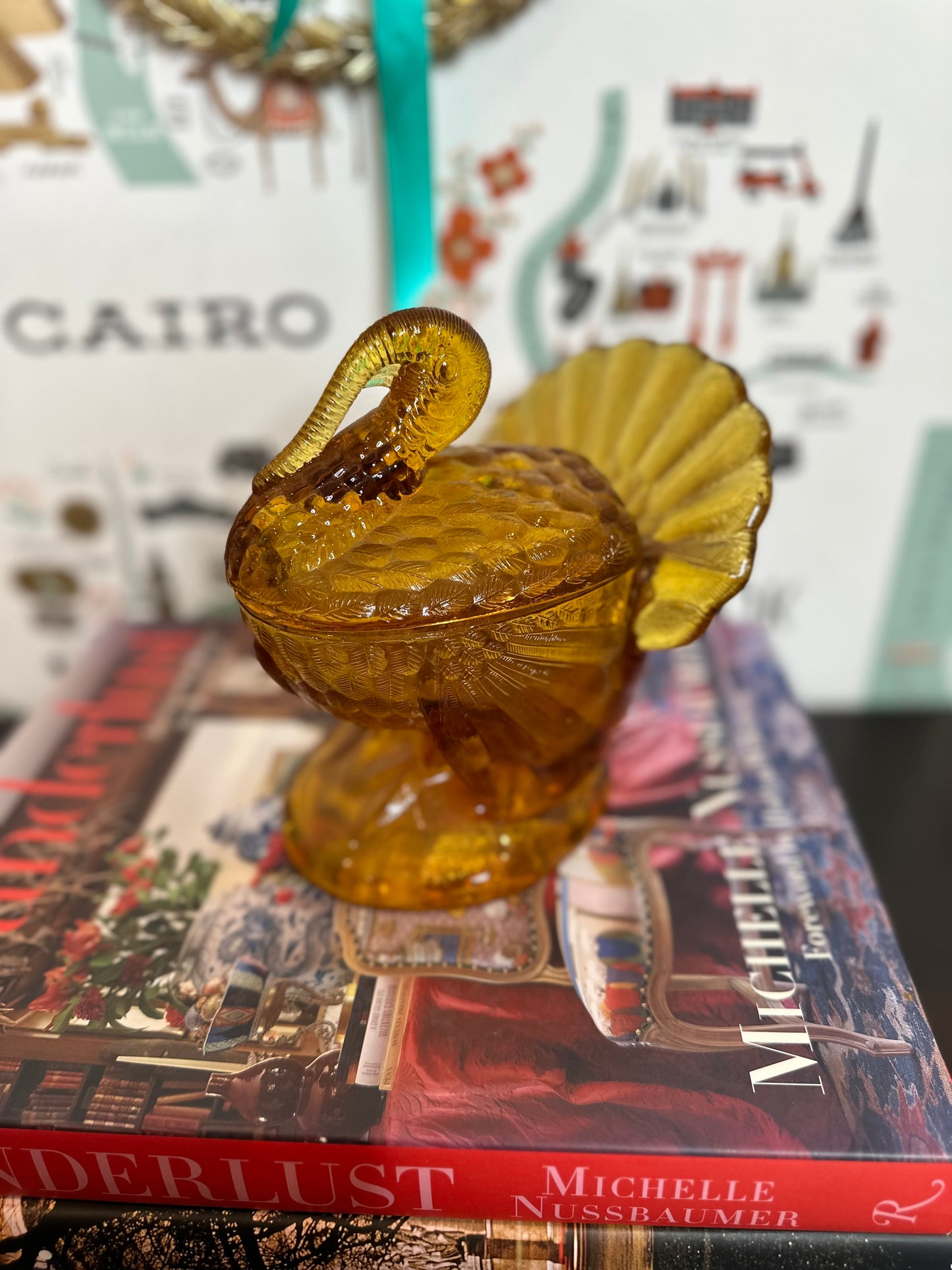 Vintage Amber Glass Figural Turkey Candy/Cranberry Dish by L.E. Smith, Made in USA, 7"