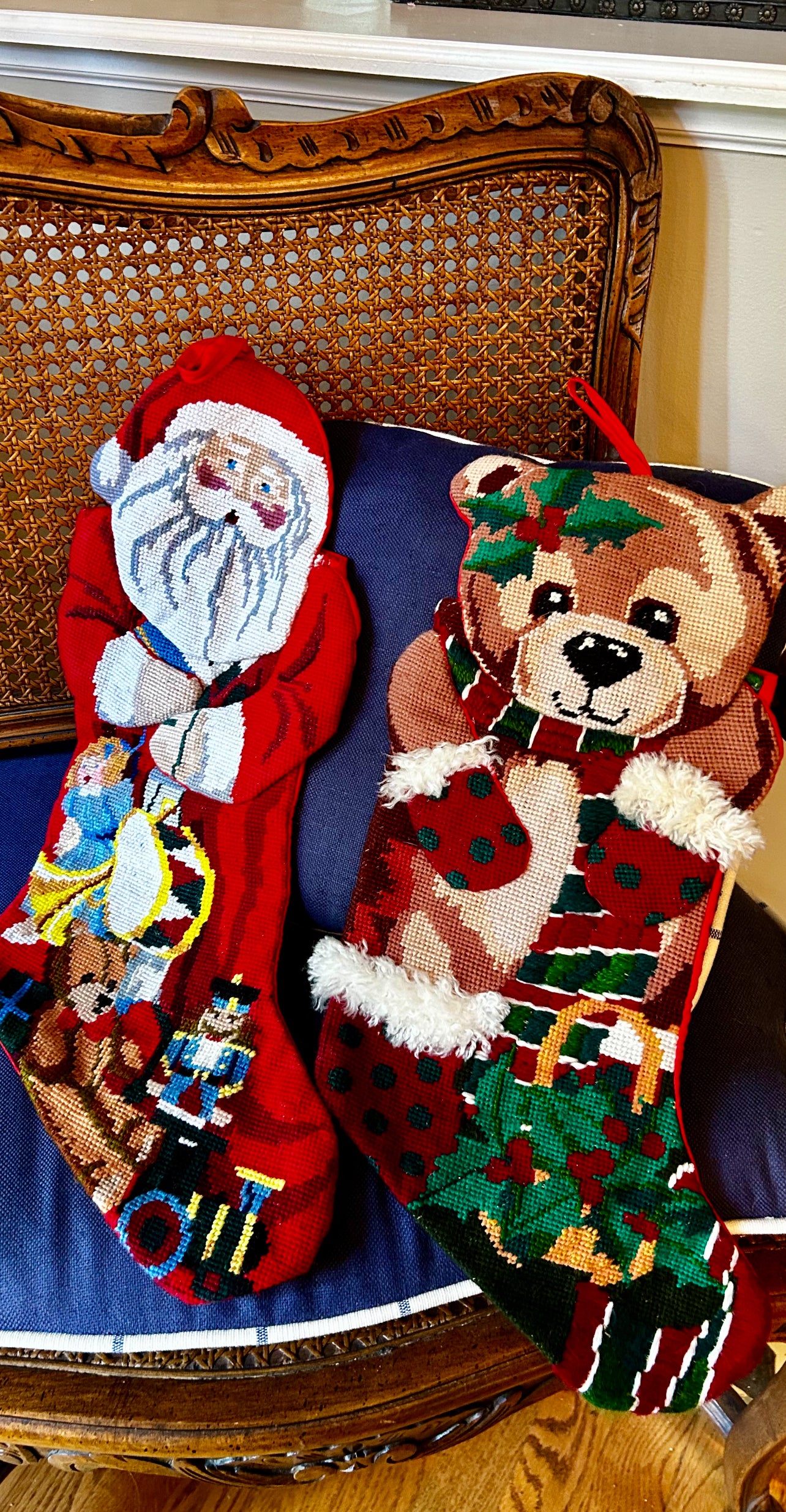 Festive needlepoint Christmas holiday stockings lovely gifts $48 each