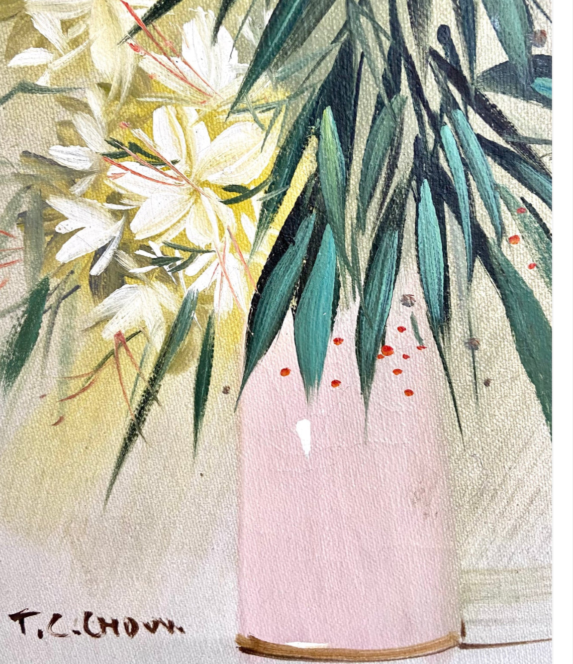 Vintage chinoiserie botanical oil Painting wall art bamboo framing