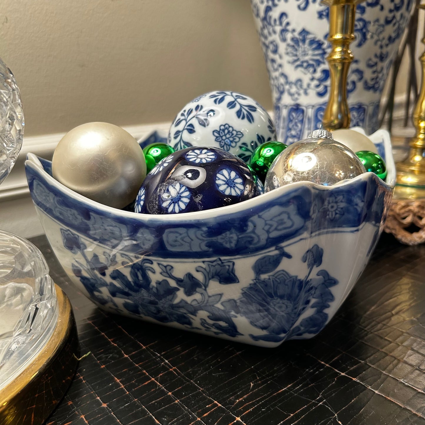 Fabulous vintage blue & white octagon planter centerpiece bowl 11d