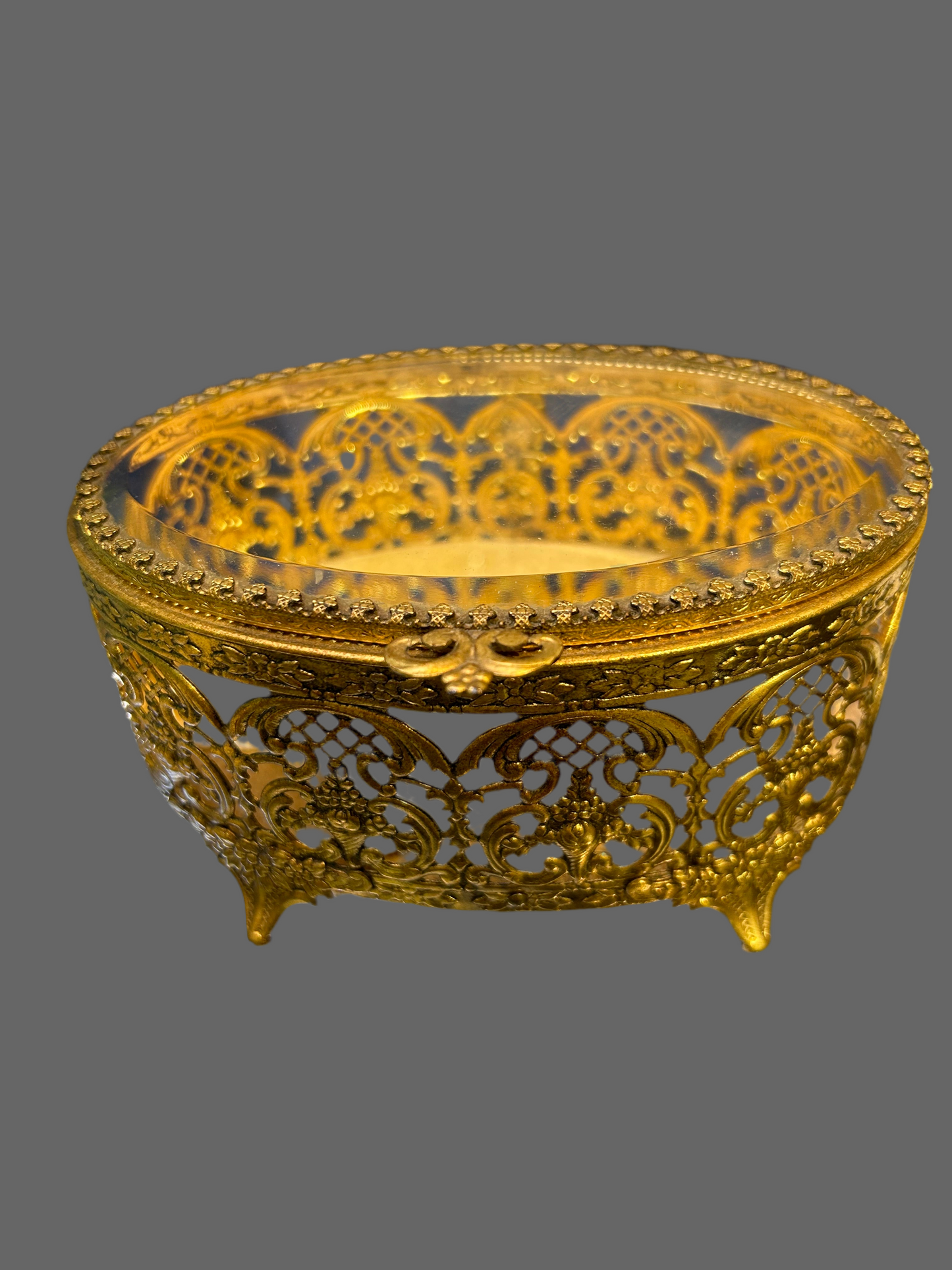 Ornate Brass Mounted Jewelry Casket with Beveled Mirror