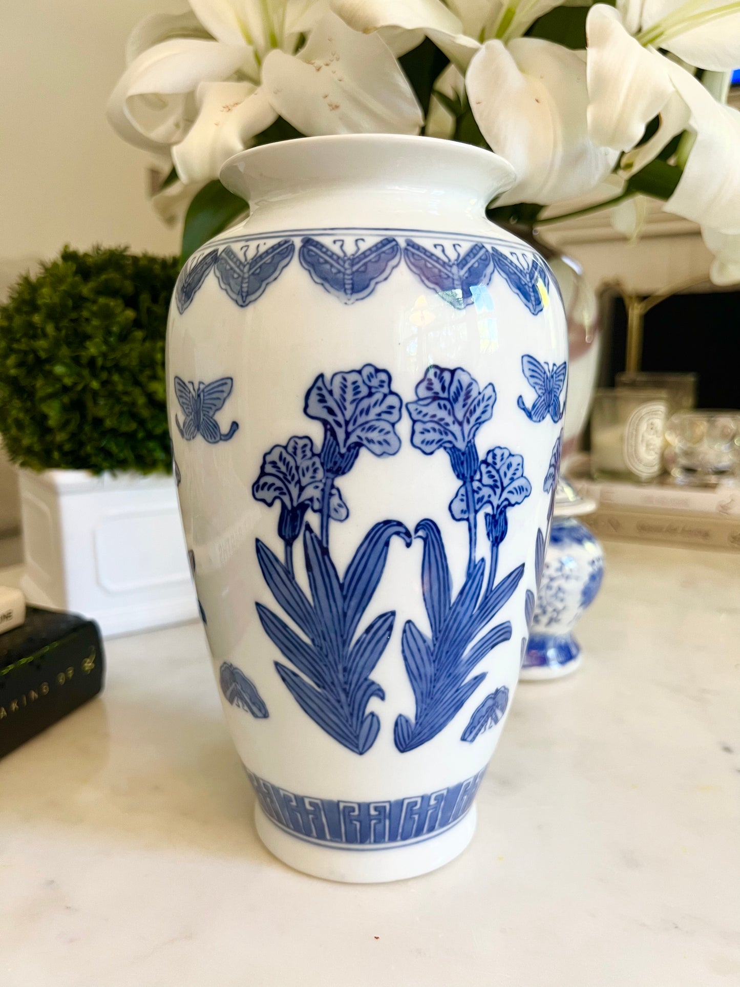 Vintage Blue and White Butterfly Floral Chinoiserie Vase
