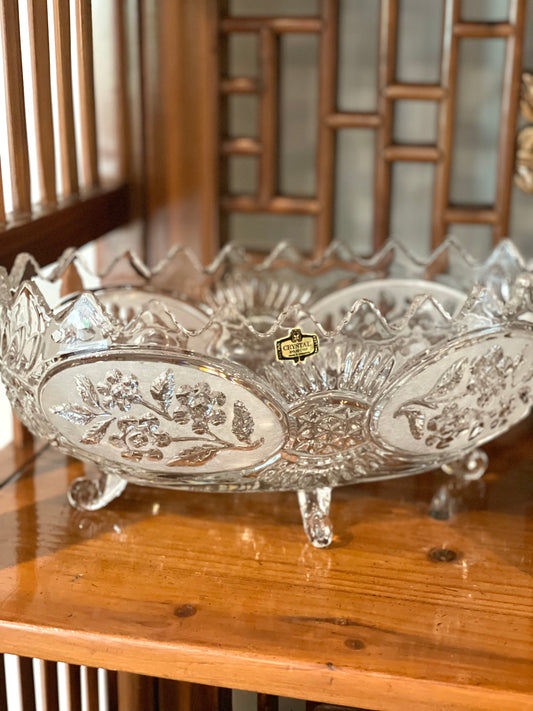 Vintage Lead Crystal Frosted Footed Oval Bowl