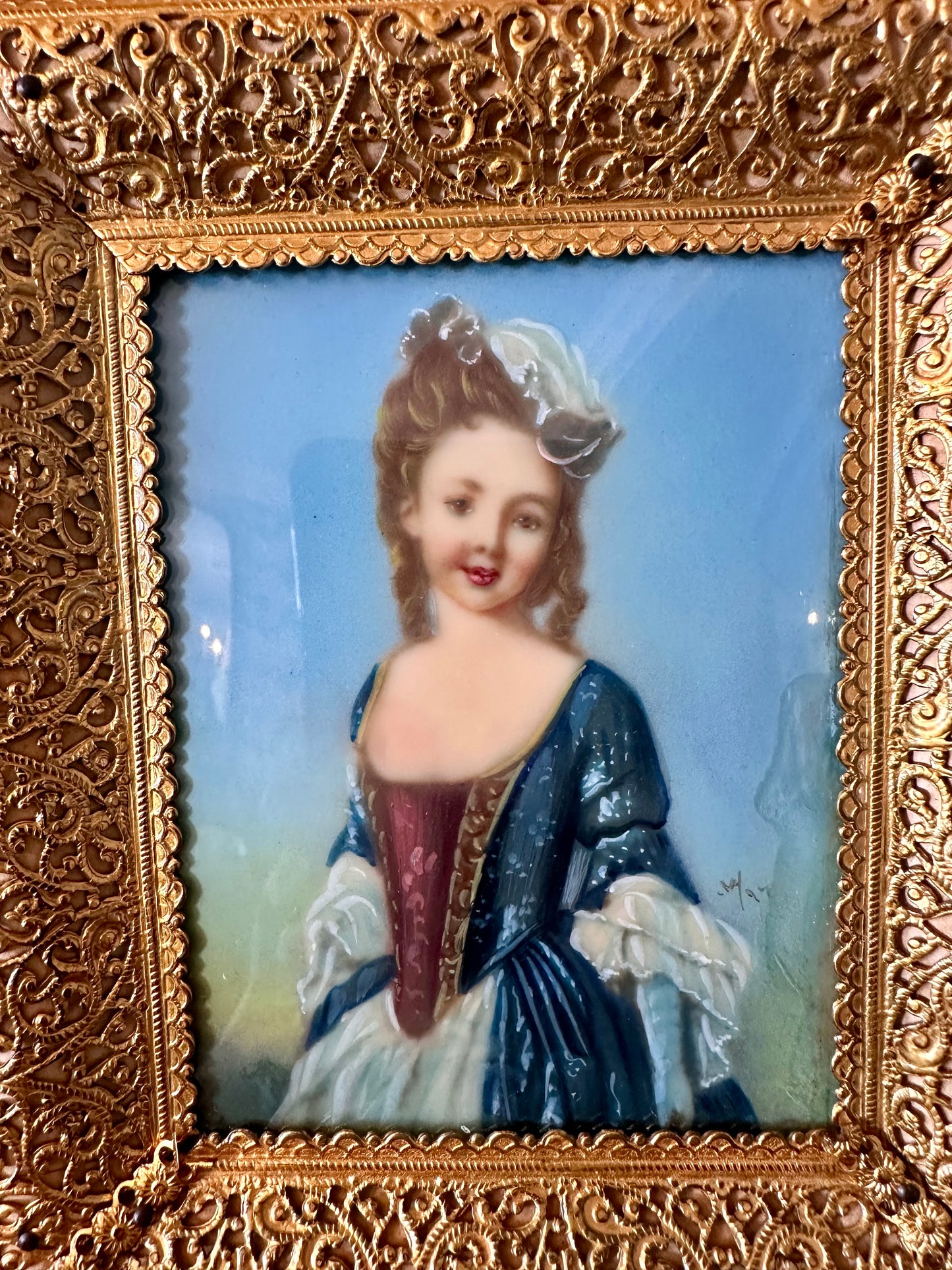 Antique Miniature Portrait Painting of Young Woman c1920 in Ornate Frame