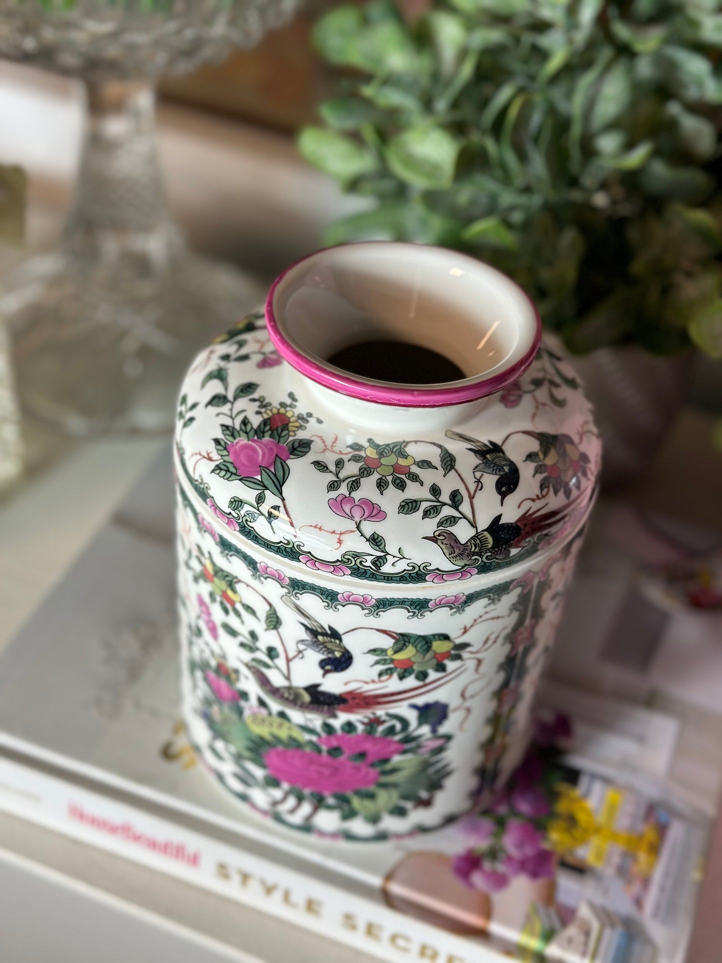 Pink Peony Porcelain Lidded Tissue Box, 5x5x7"