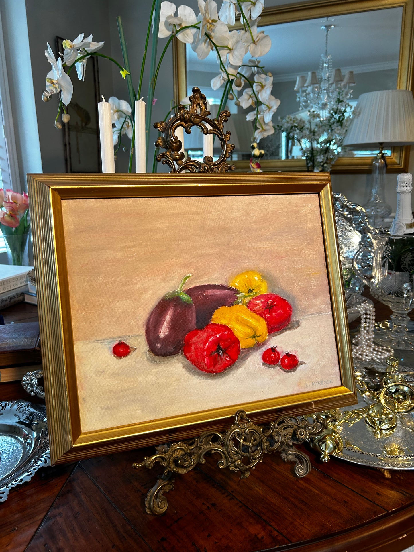 Original still life oil painting in gold custom frame