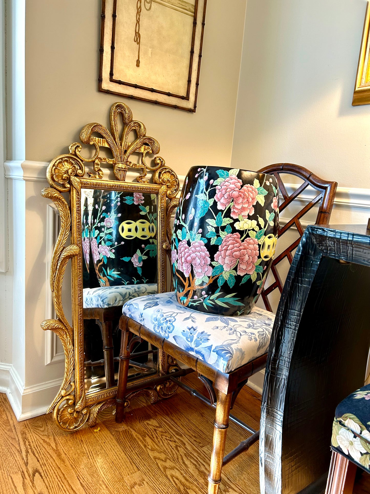 Rare and spectacular massive garden stool table in noir famille botanical design, 19” Tall - Pristine!