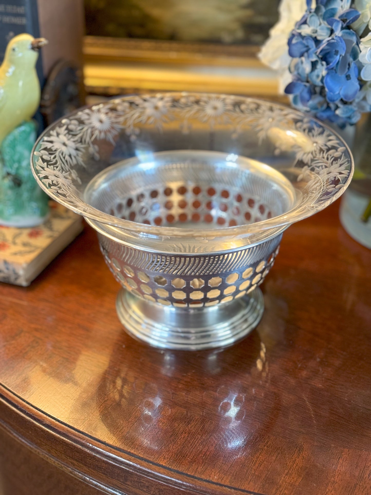 19th c. Sterling Reticulated Bowl with Antique Floral Etched Glass Insert