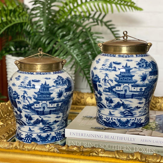13” Tall Blue/White Porcelain Pagoda Jar W/ Bronze Lid