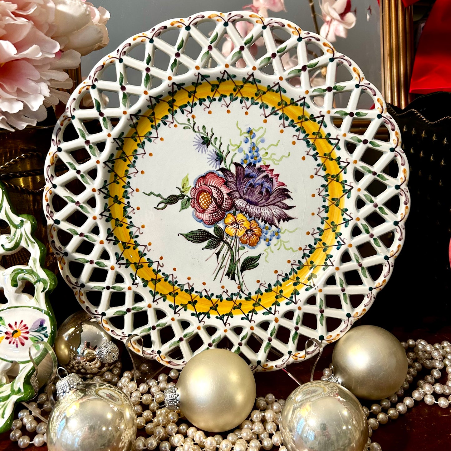 Gorgeous set of 3 Vintage hand painted reticulated Portugal Ceramic Plates