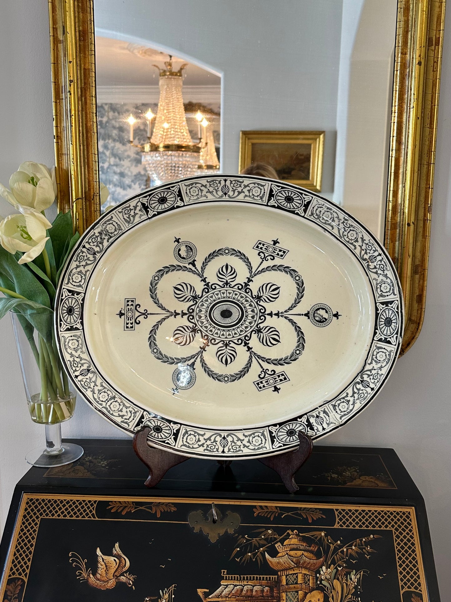 Rare 19thc Antique Black & Cream Transferware 21” Platter