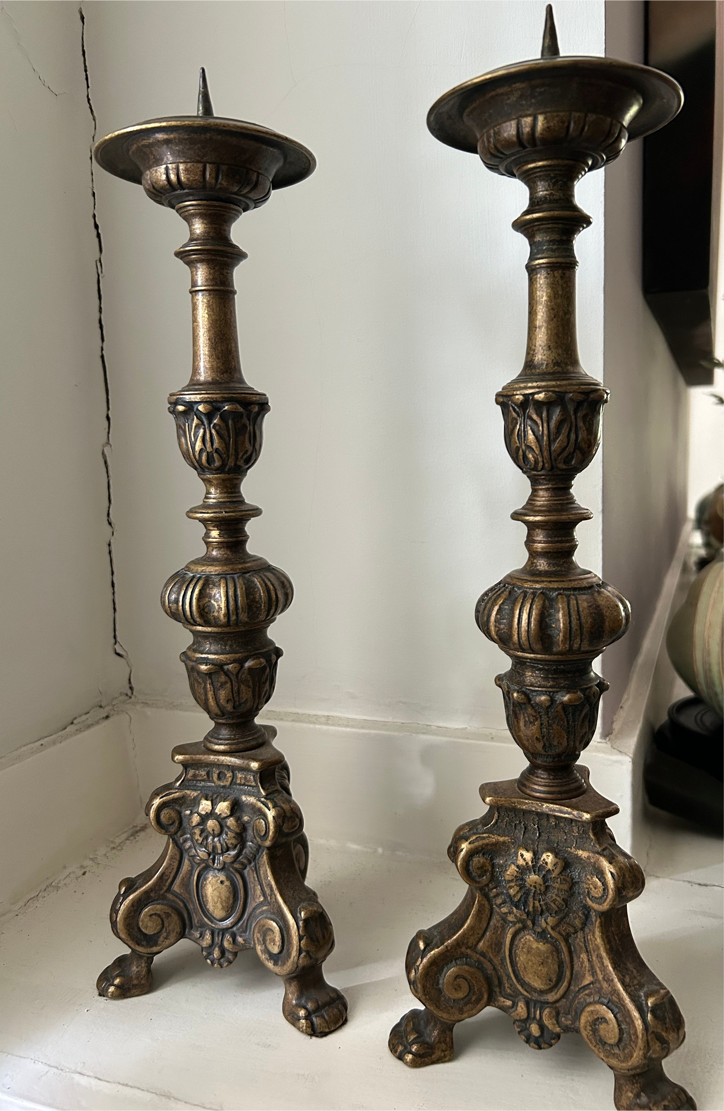 Pair of Very Heavy Brass/Bronze Candlesticks 17” Tall