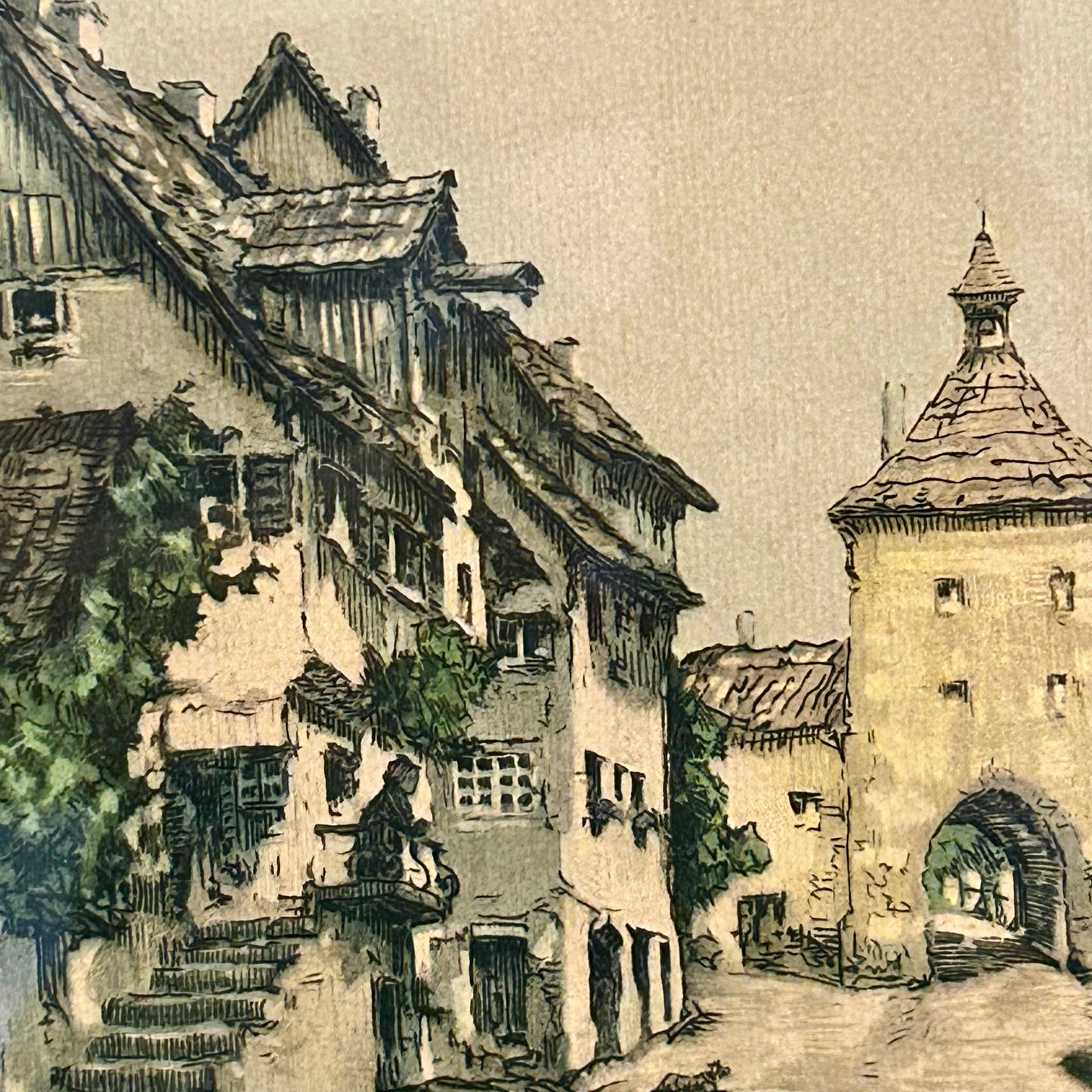 Stunning antique lithograph print old world village landscape "Old Gate" signed by artist.