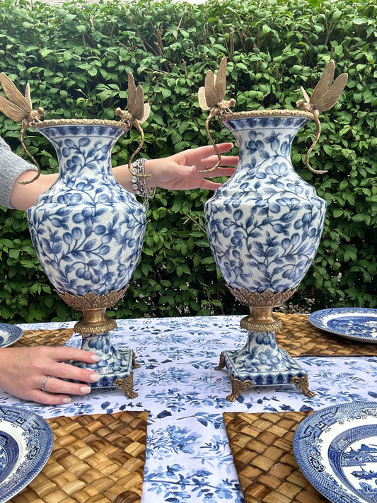 STUNNING - 20" Tall Blue & White Porcelain Bronze Pedestal Urn W/ Dragonfly handles (single price)