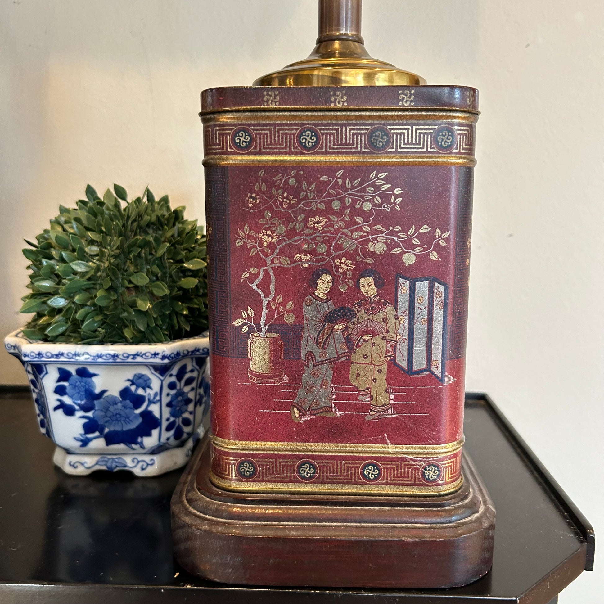 Vintage Style Hand Painted Red Toleware Chinoiserie Table Lamp With Grey  Linen Shade 