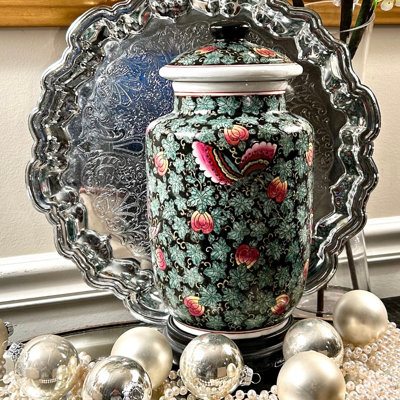 Statuesque Famille Noire vintage butterfly and botanical tall ginger jar