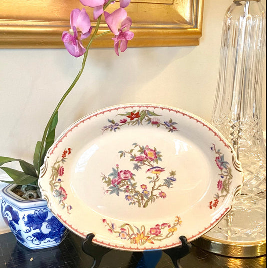 Lovely vintage porcelain rose canton chinoiserie designer oval serving platter