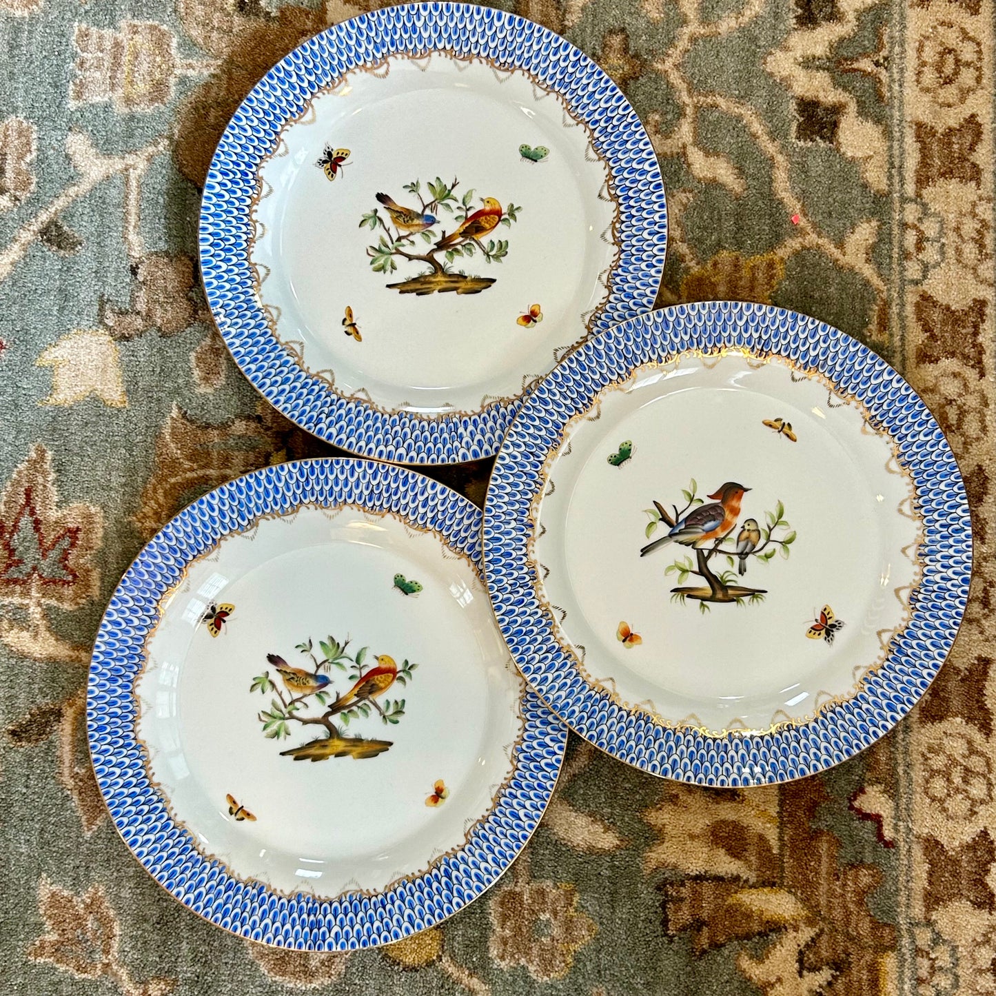 3 Available Gorgeous Large Andrea Sadek Fishnet Blue Banded Dinner Plates w Birds sold each