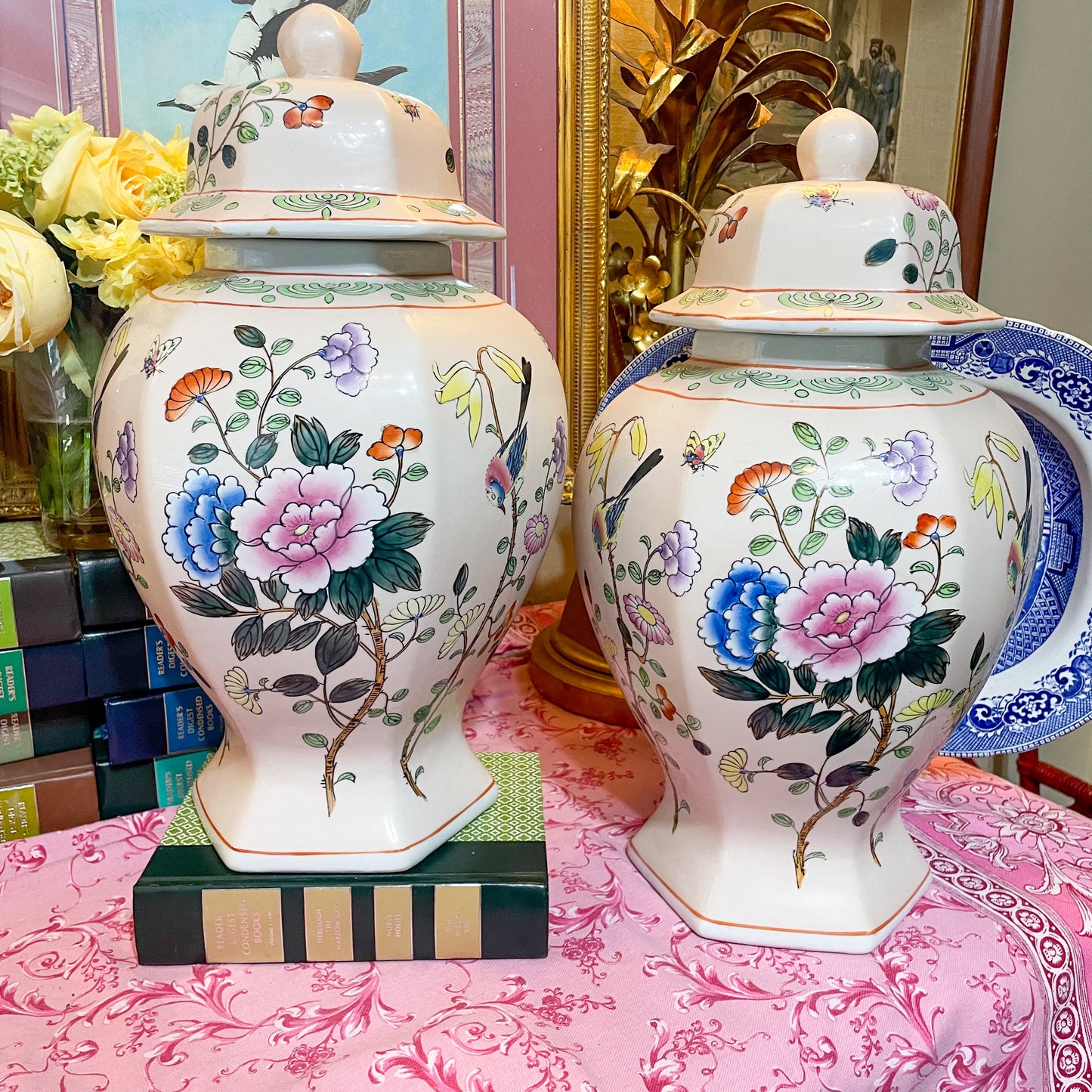 PAIR 16” Pale Pink Chinoiserie Temple Jars Vintage