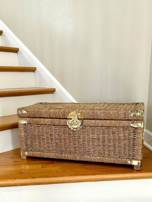 Chinoiserie chic brass and rattan storage chest trunk