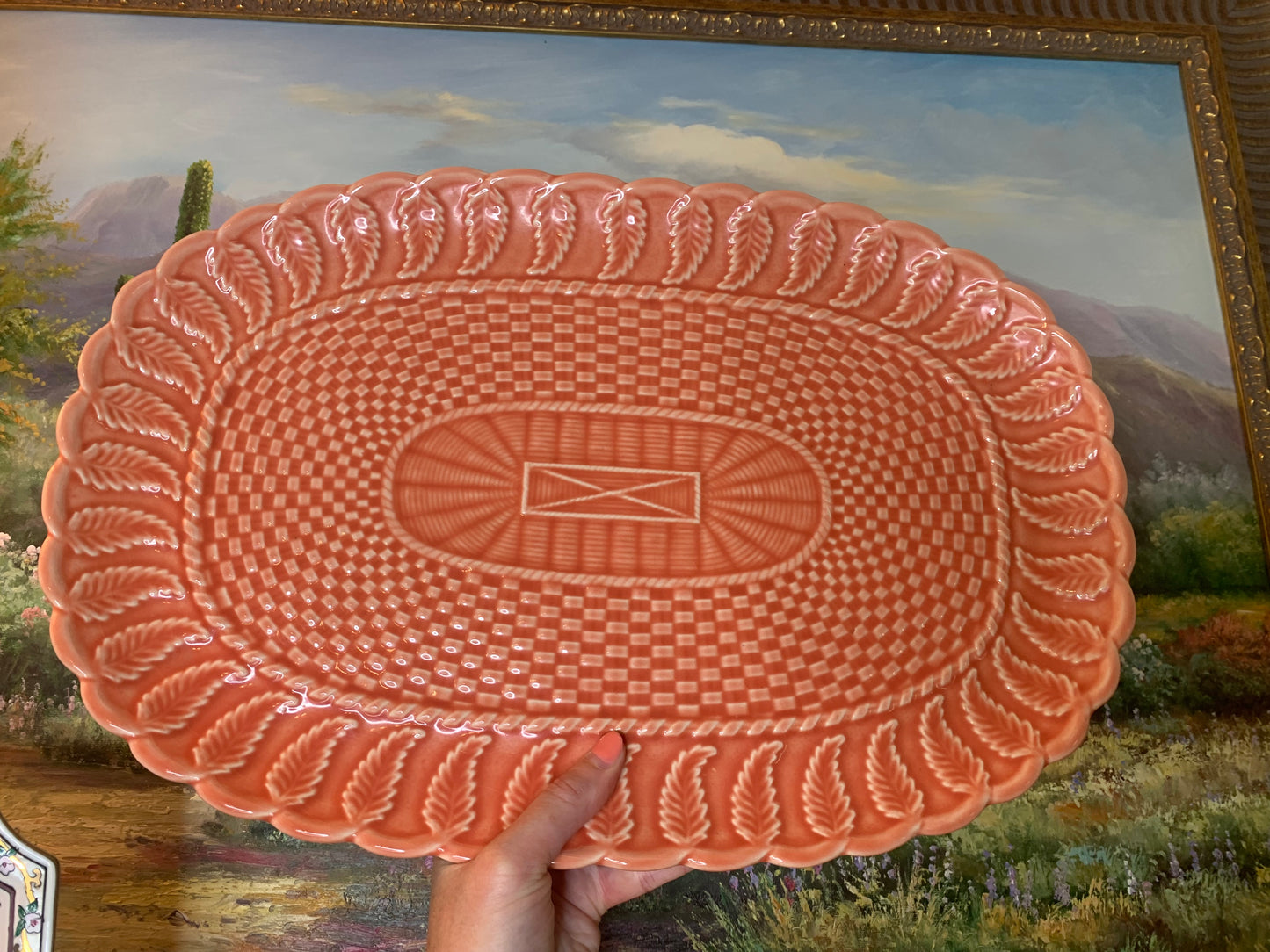 Rare and hard to find extra large Bordallo Pinheiro pink basketweave platter!