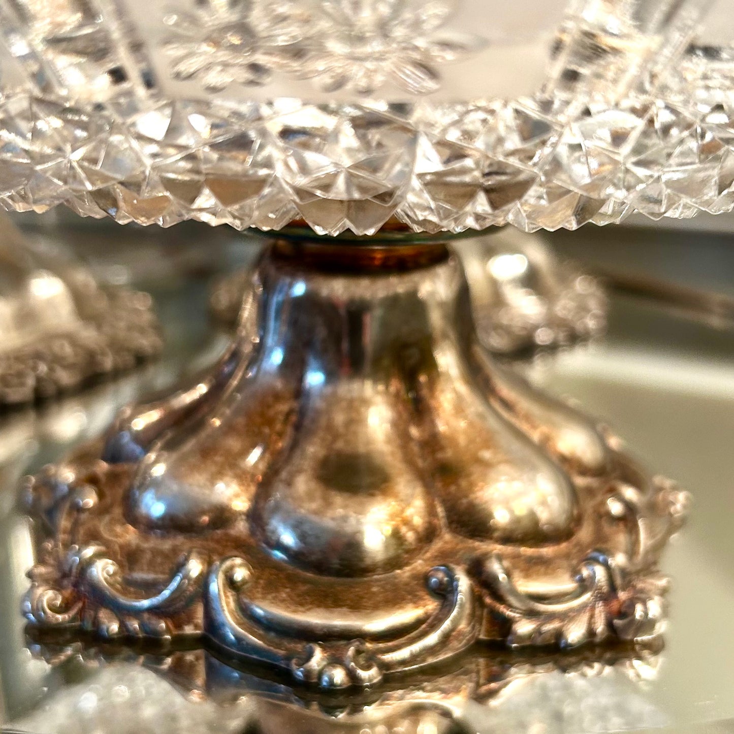 vintage etched crystal baroque silver plate footed bowl