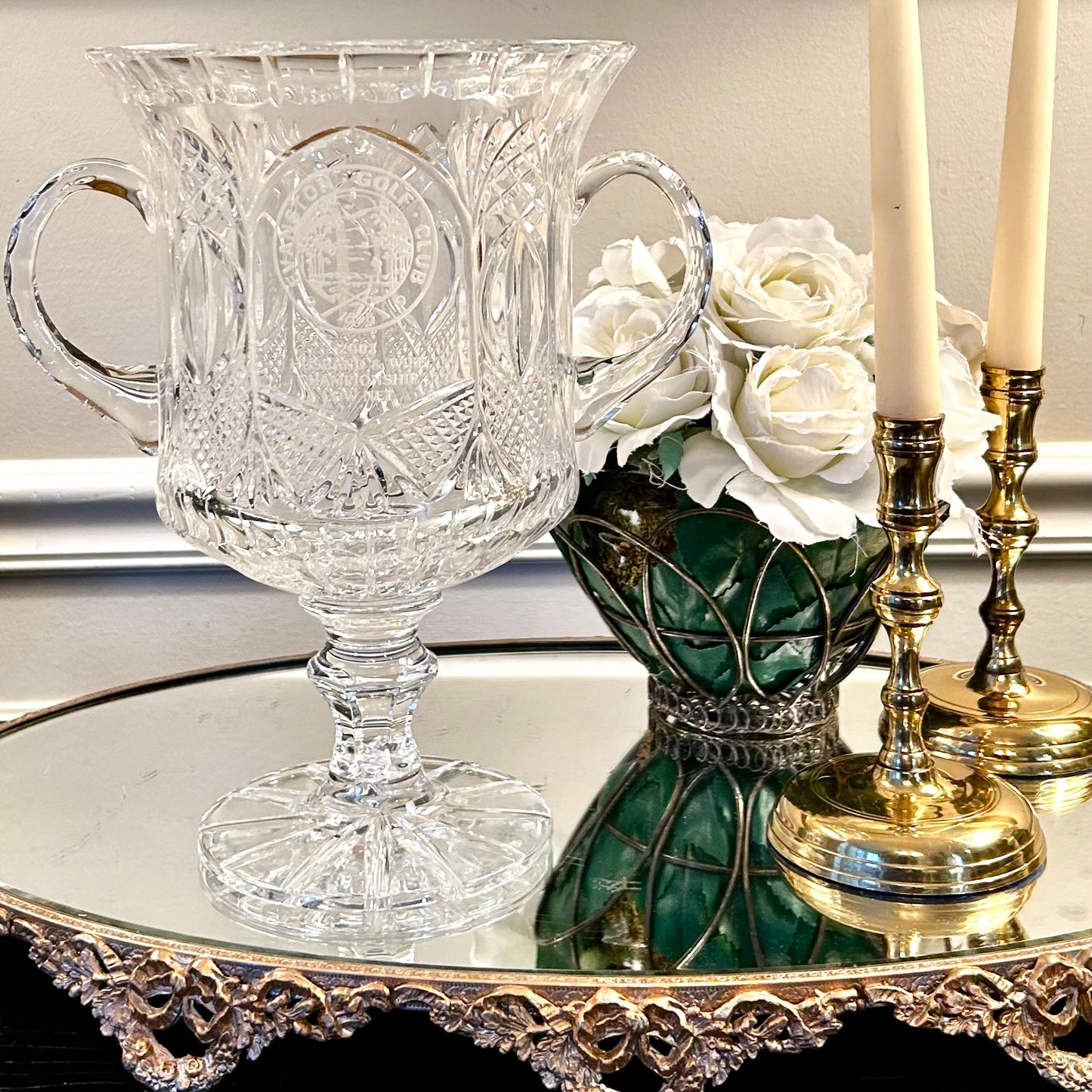 Stunning vintage crystal double handle monogrammed trophy vase champagne bucket