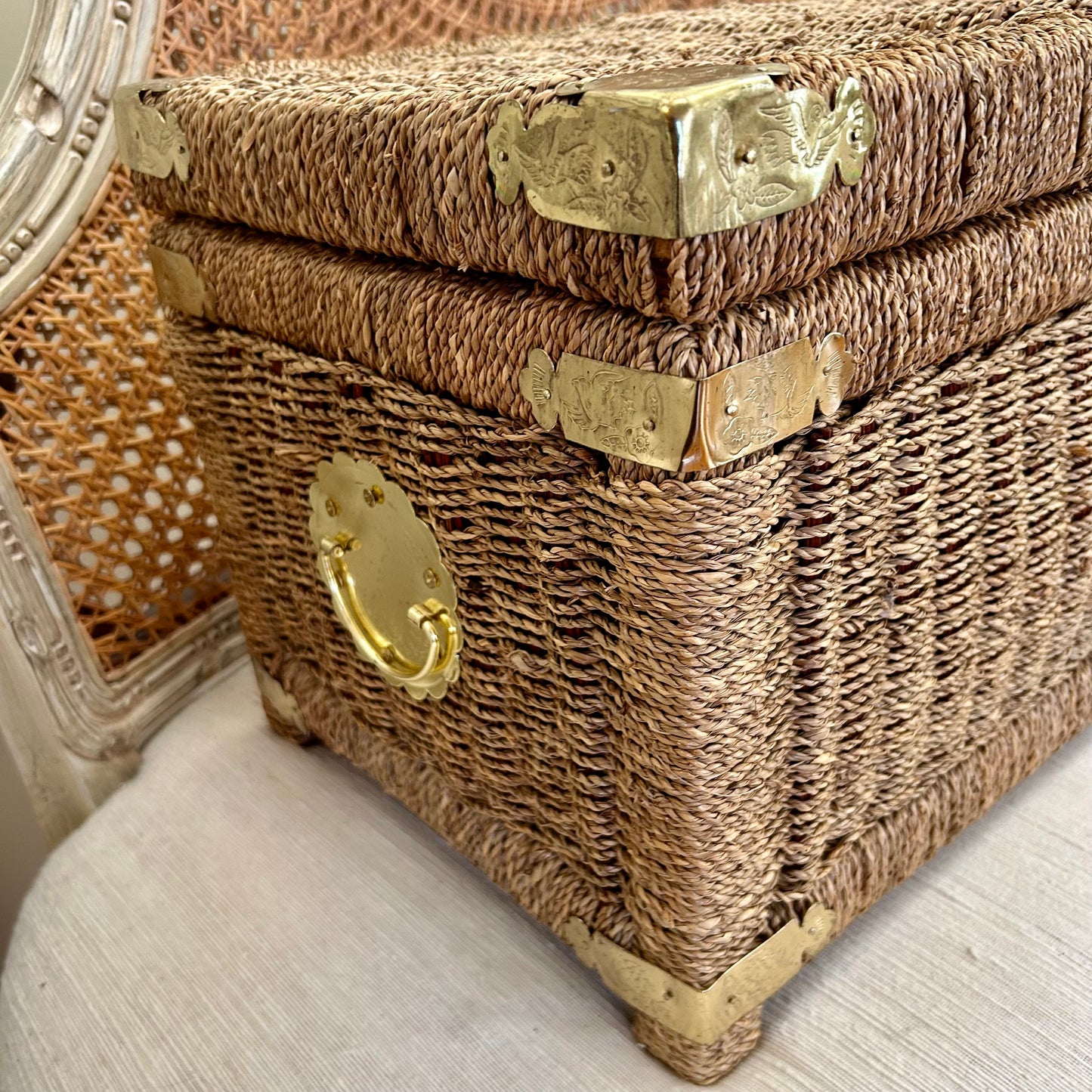 Chinoiserie chic brass and rattan storage chest trunk