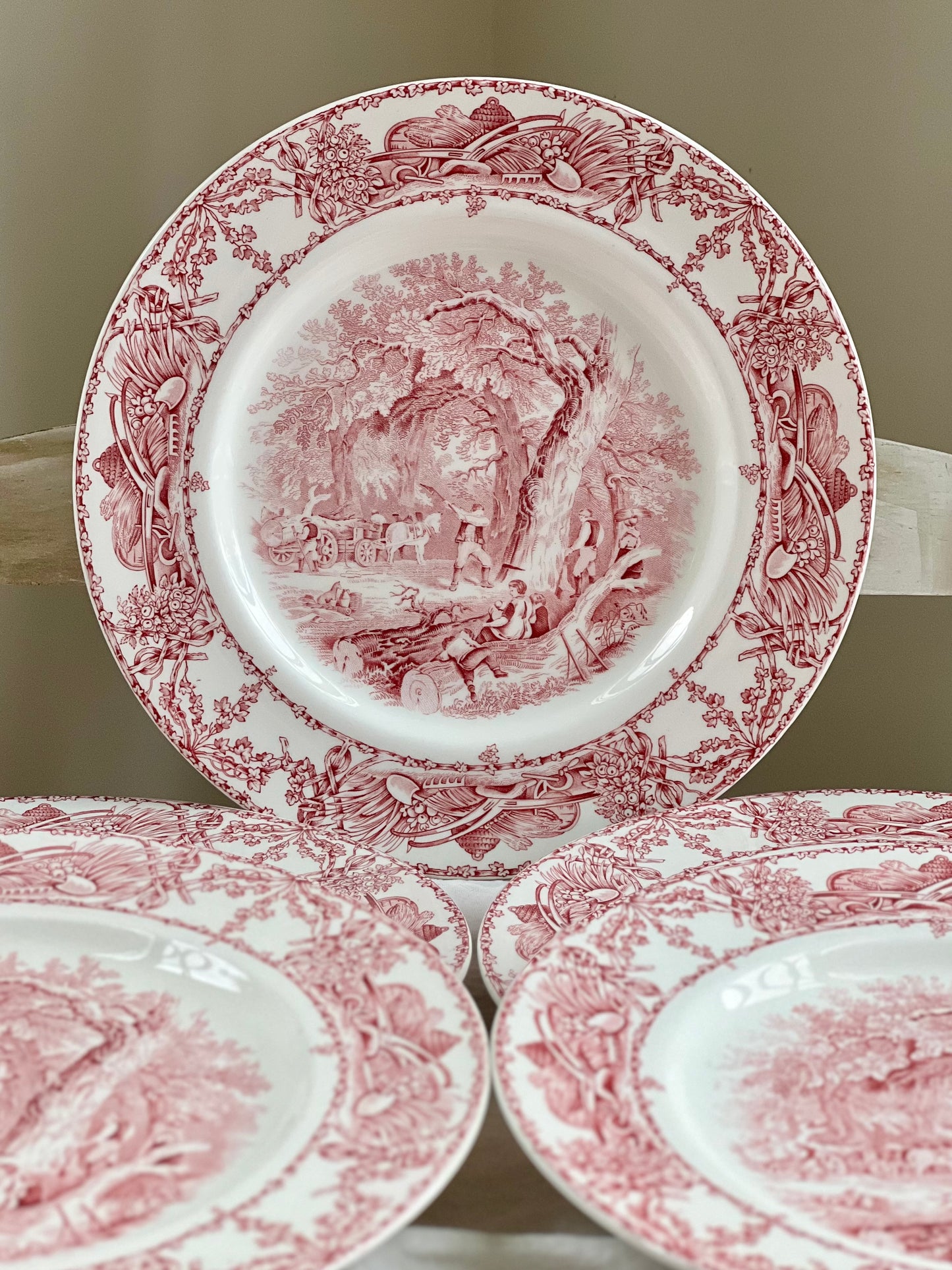 Vintage Set (5) Pastoral Davenport Red / Pink Transferware Dinner Plates